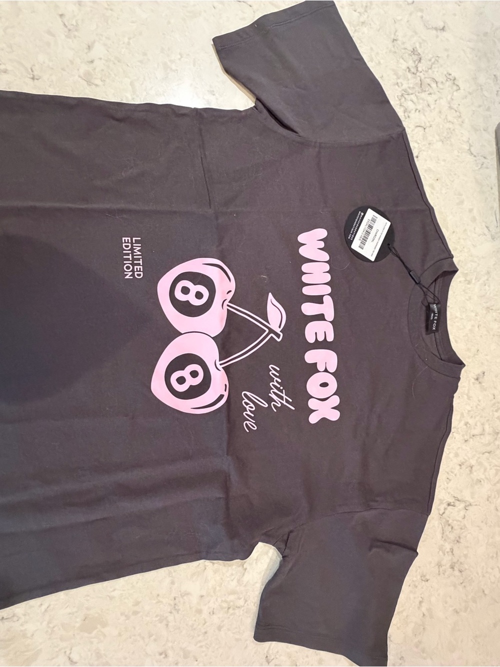 White Fox Women’s Boutique Dark Grey Tee with Pink Cherry Graphic